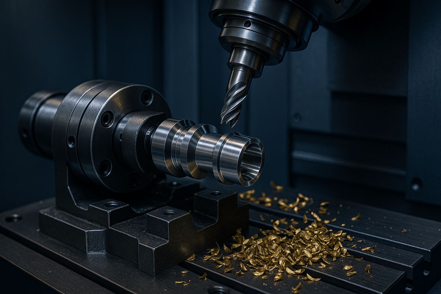 CNC machining presisi di pabrik manufaktur modern dengan detail logam yang sedang diproses oleh mesin milling otomatis, menampilkan kilau logam dan serpihan emas yang menggambarkan teknologi ketelitian manufaktur masa kini.