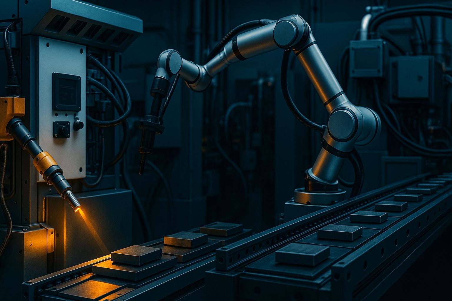 pabrik otomatis modern dengan lengan robotik presisi di jalur produksi, sistem otomasi industri terintegrasi yang menunjukkan efisiensi dan presisi tinggi dalam manufaktur modern.