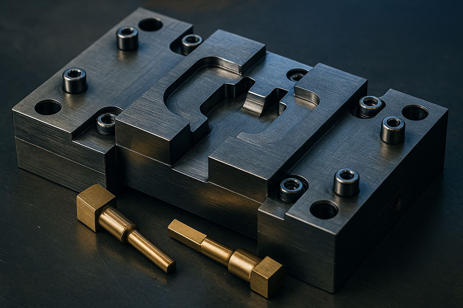 Close-up fotografi realistis mold dan dies baja presisi di bengkel manufaktur modern, menampilkan detail pola potongan logam dengan pencahayaan industrial lembut dan aksen warna #d0b364 serta #0a203b.