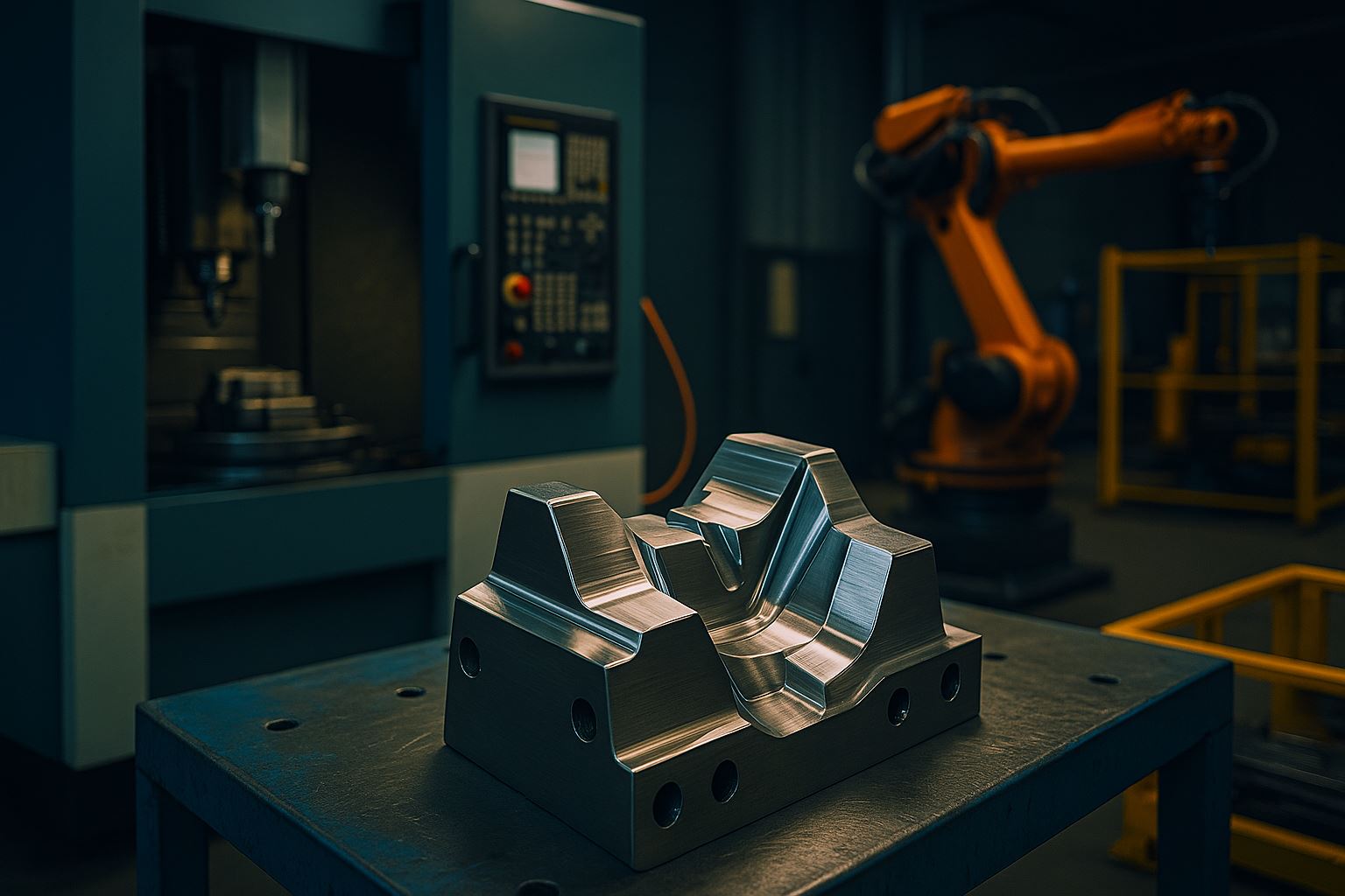 Komponen logam hasil machining presisi di atas meja kerja industri, dikelilingi mesin CNC dan lengan robot otomatis dengan pencahayaan biru tua dan aksen emas lembut, menggambarkan solusi rekayasa fabrikasi presisi dalam manufaktur modern.