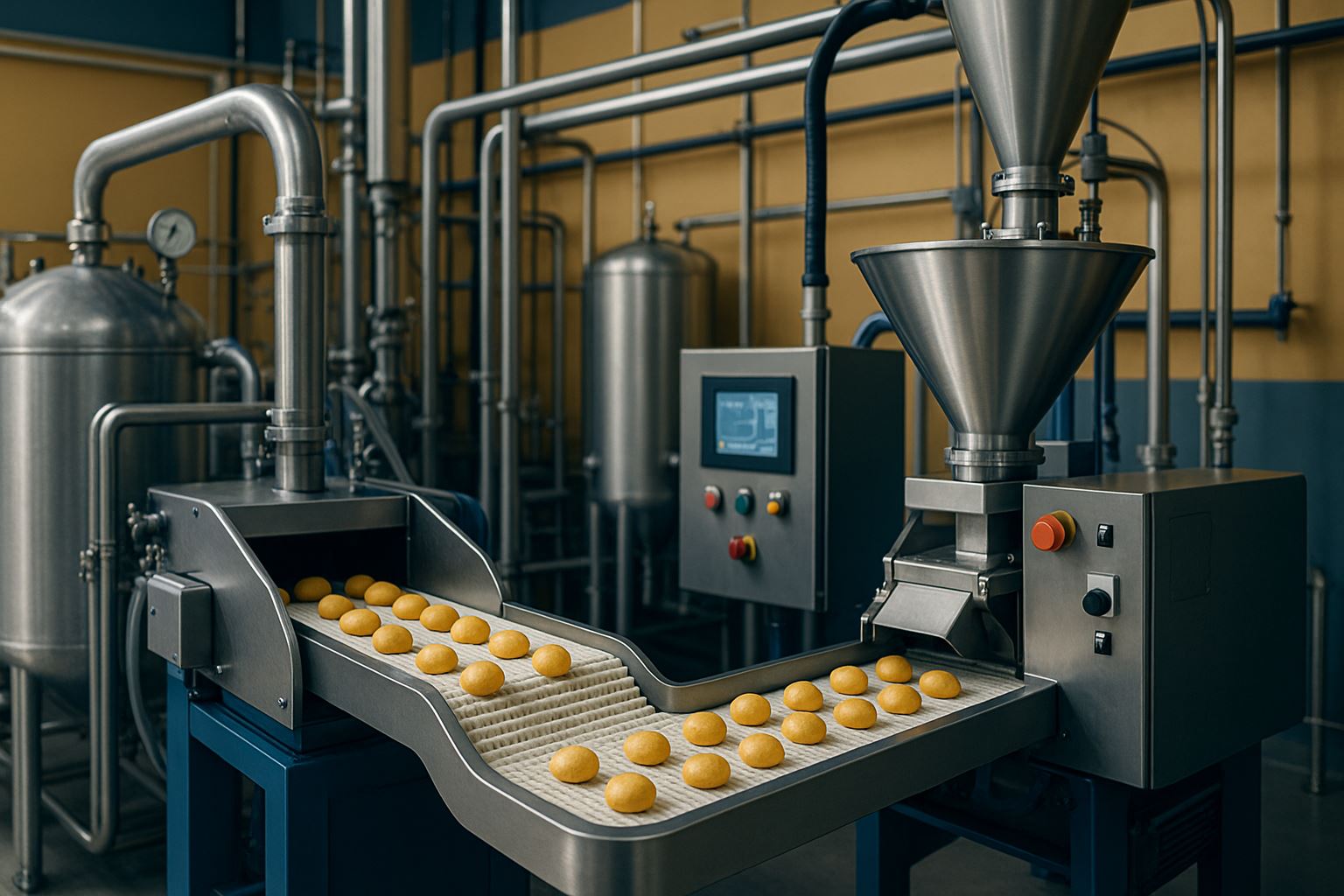 Pabrik industri makanan modern tanpa manusia dengan mesin stainless steel, conveyor makanan higienis, dan sistem pipa otomatis berwarna metalik dengan aksen emas dan biru tua, mencerminkan efisiensi dan kebersihan produksi pangan modern.