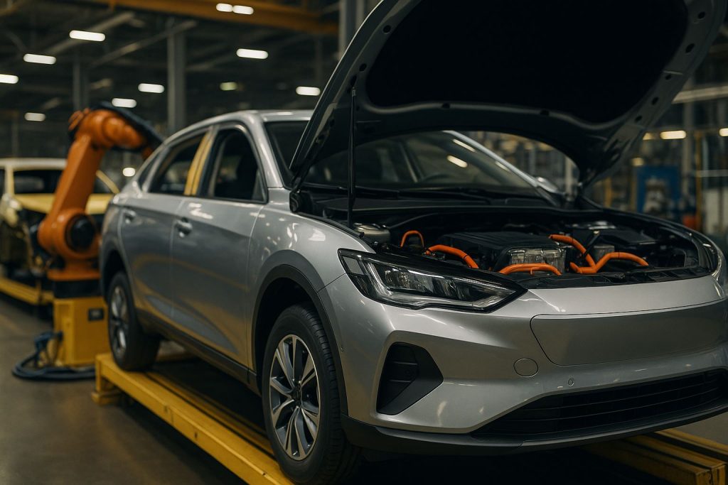 Proses produksi mobil listrik di pabrik otomotif Karawang tahun 2025 dengan fokus pada komponen EV dan teknologi perakitan otomatis modern; menggambarkan transformasi industri otomotif Karawang menuju era kendaraan listrik (EV 2025).