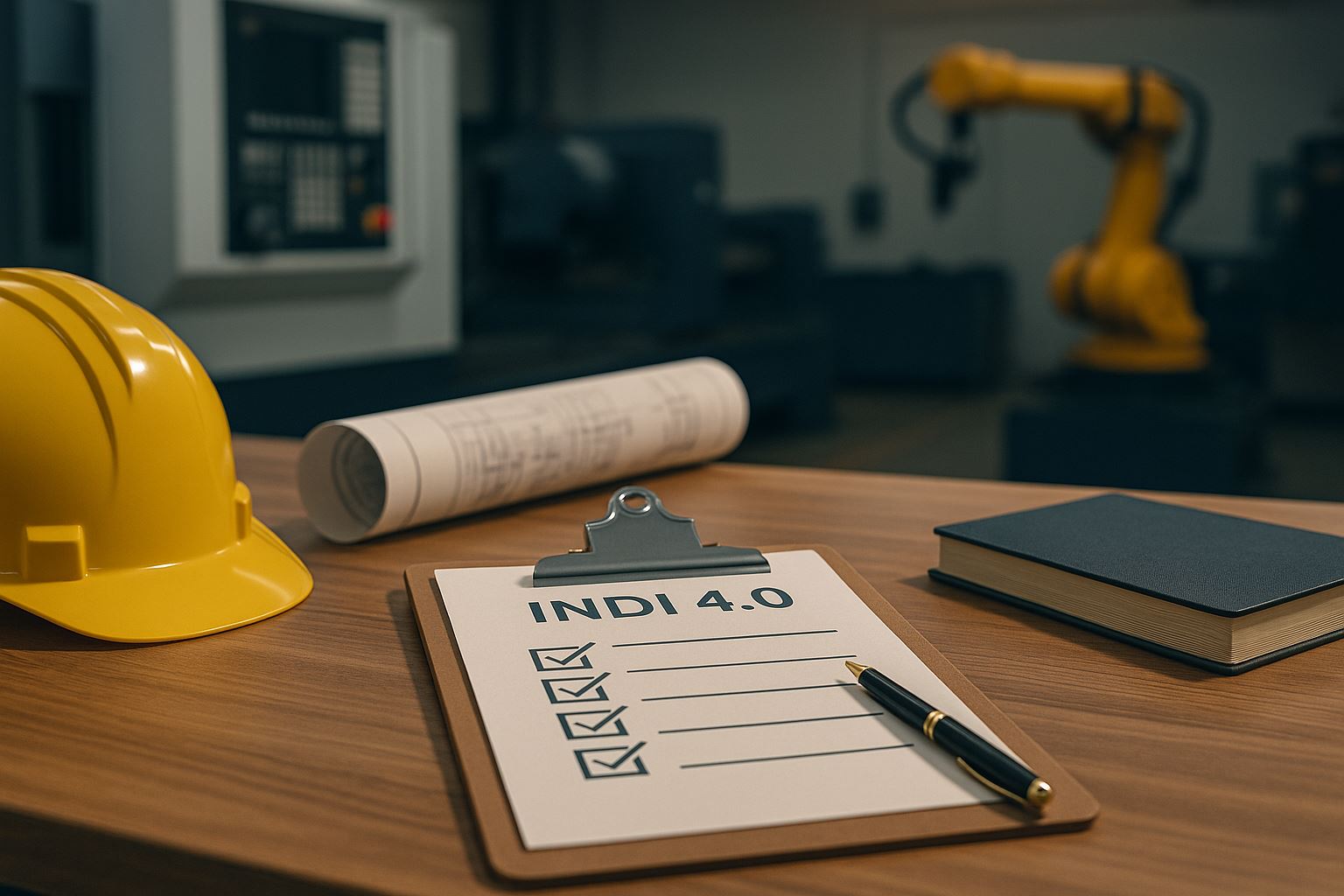 Checklist implementasi INDI 4.0 di pabrik menengah dengan suasana profesional ultra-realistic, memperlihatkan peralatan industri, meja kerja rapi, dan nuansa otomasi cerdas dalam penerapan smart manufacturing.