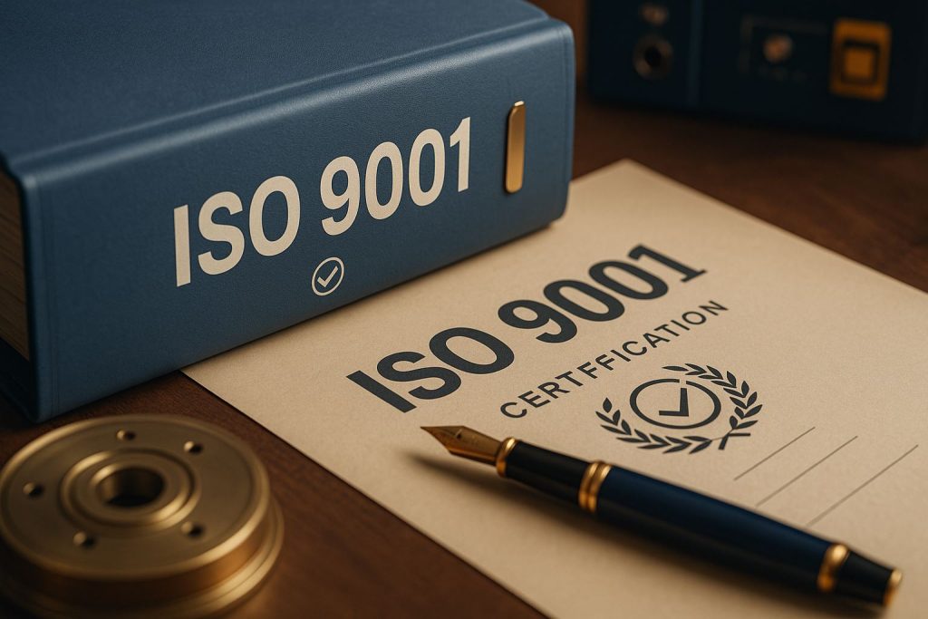 sertifikasi kualitas iso 9001 amandemen 2024 pada dokumen dan binder biru di meja kayu, menggambarkan pembaruan standar manajemen mutu dengan nuansa profesional dan hangat