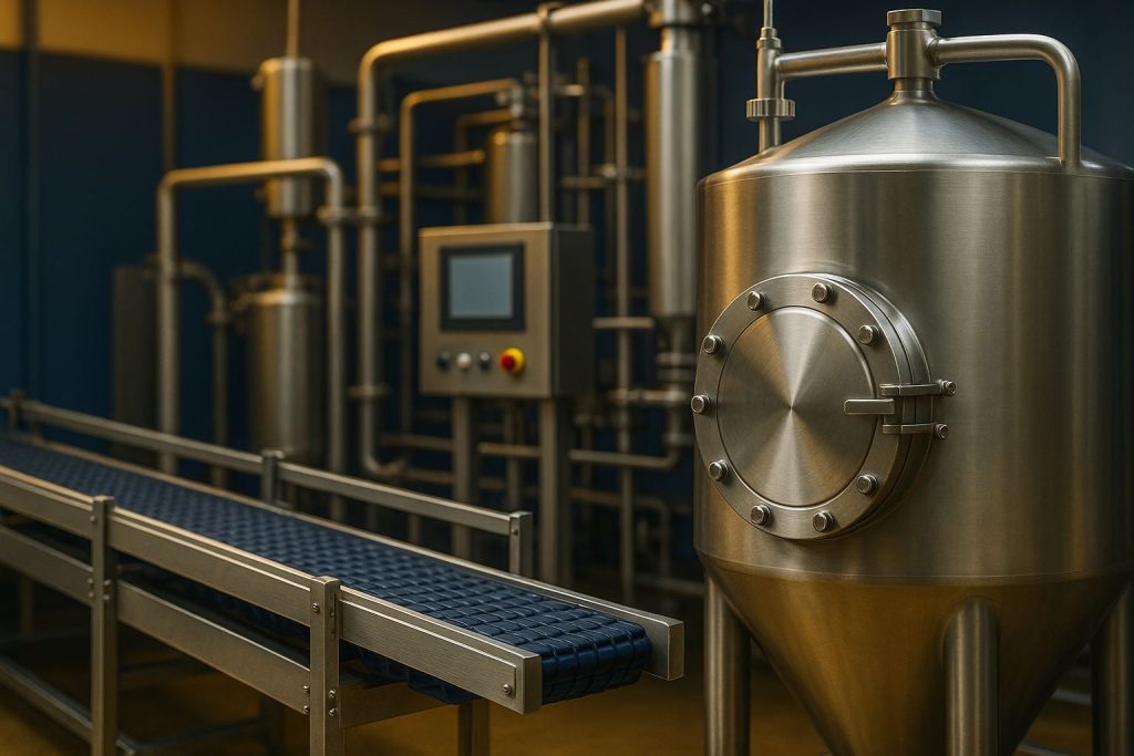 Pabrik pengolahan pangan modern dengan sistem otomatisasi industri menampilkan tangki stainless steel, conveyor higienis, dan panel kontrol digital di bawah pencahayaan lembut — visualisasi konsep CPPOB vs HACCP 2025 dalam desain peralatan makanan.