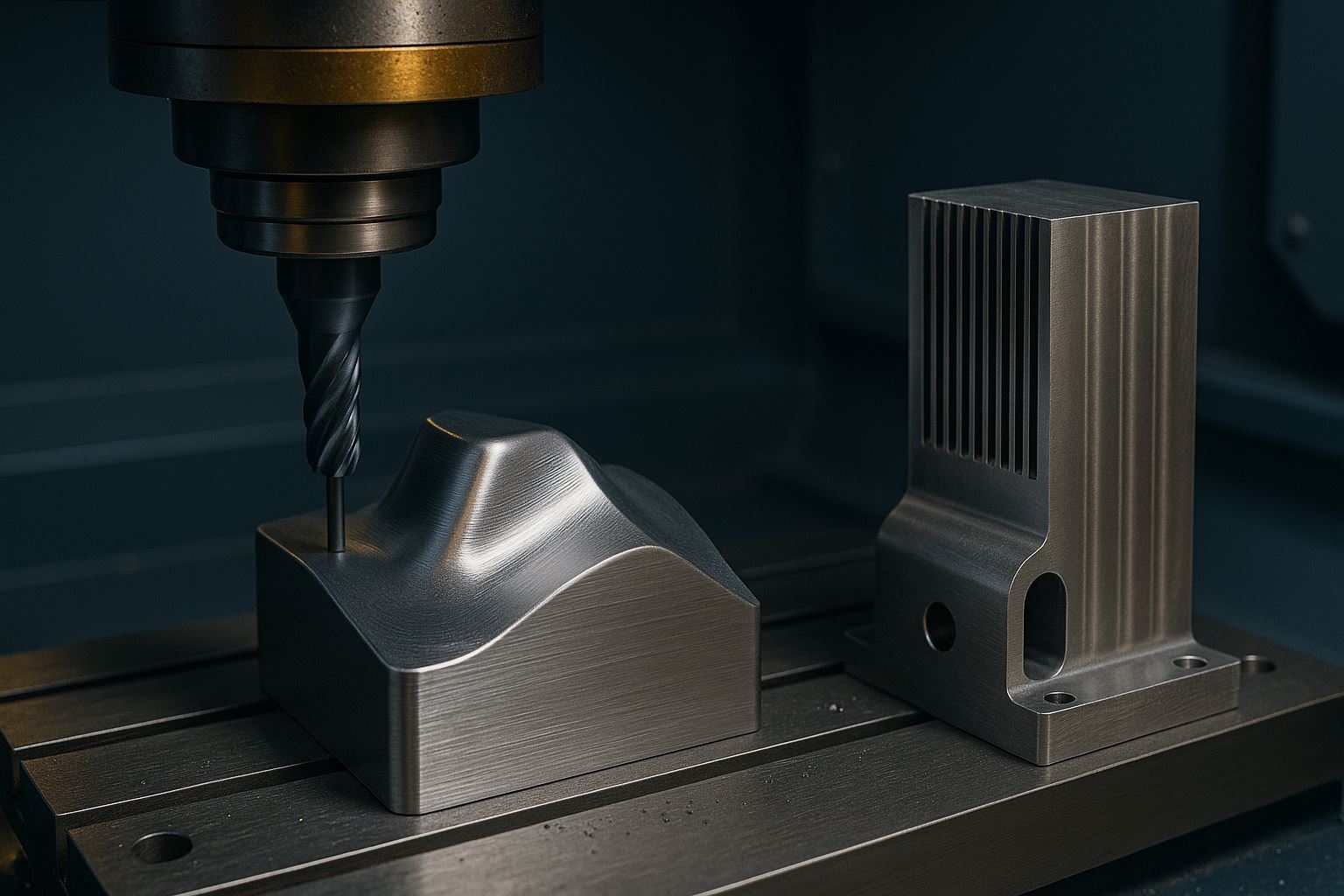 Pemotongan presisi dengan mesin CNC 5-axis pada aluminium AL6061 dan stainless steel SS304 di bengkel modern dengan pencahayaan lembut dan hasil permukaan halus.