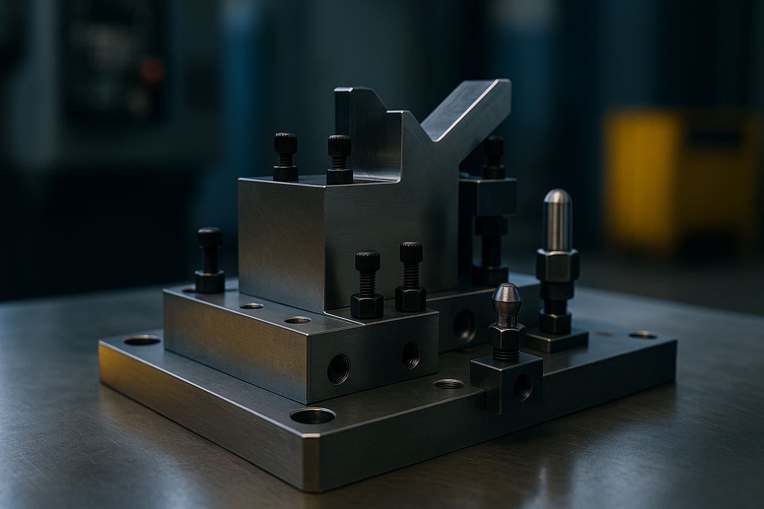 Jig fixture penyebab downtime dalam lingkungan bengkel industri modern dengan pencahayaan lembut menyoroti detail mekanis dan tekstur logam, menunjukkan kompleksitas sistem presisi tanpa kehadiran manusia.