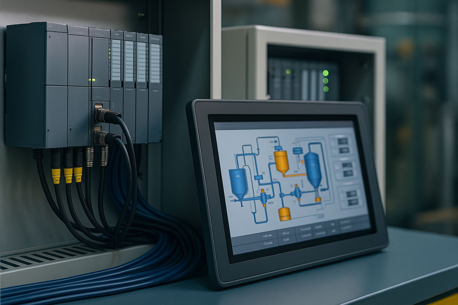 Integrasi OPC UA di pabrik menengah dengan sistem PLC, HMI, dan SCADA dalam ruang kontrol industri modern berwarna lembut dengan aksen biru tua dan emas, menampilkan kabel rapi serta layar antarmuka yang aktif.