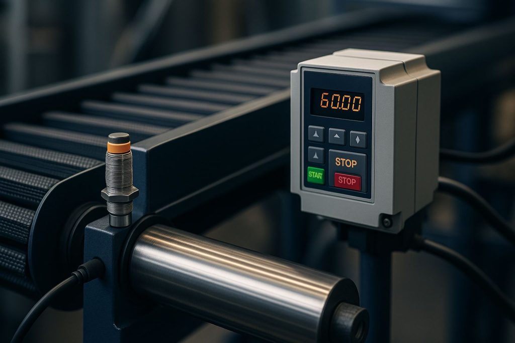 Sensor dan VFD pada sistem konveyor industri dengan pencahayaan lembut, menampilkan detail logam presisi untuk mendukung konsep predictive maintenance modern.