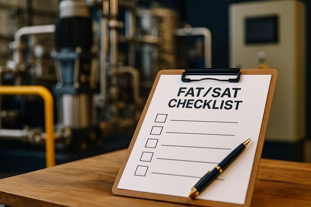 Pemandangan realistis ruang uji industri menampilkan meja kerja dengan clipboard berisi fat sat checklist efektif, pencahayaan lembut menyoroti detail peralatan logam di latar belakang, menciptakan suasana profesional dan presisi tinggi.