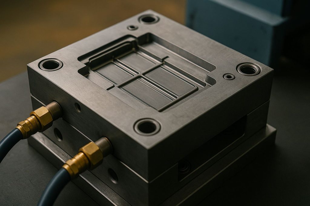 Ultra-realistic photograph of an injection mold block highlighting cooling channels and warpage structure from Moldflow analysis, with precision steel texture, soft lighting, and industrial tones accented in brass and navy.