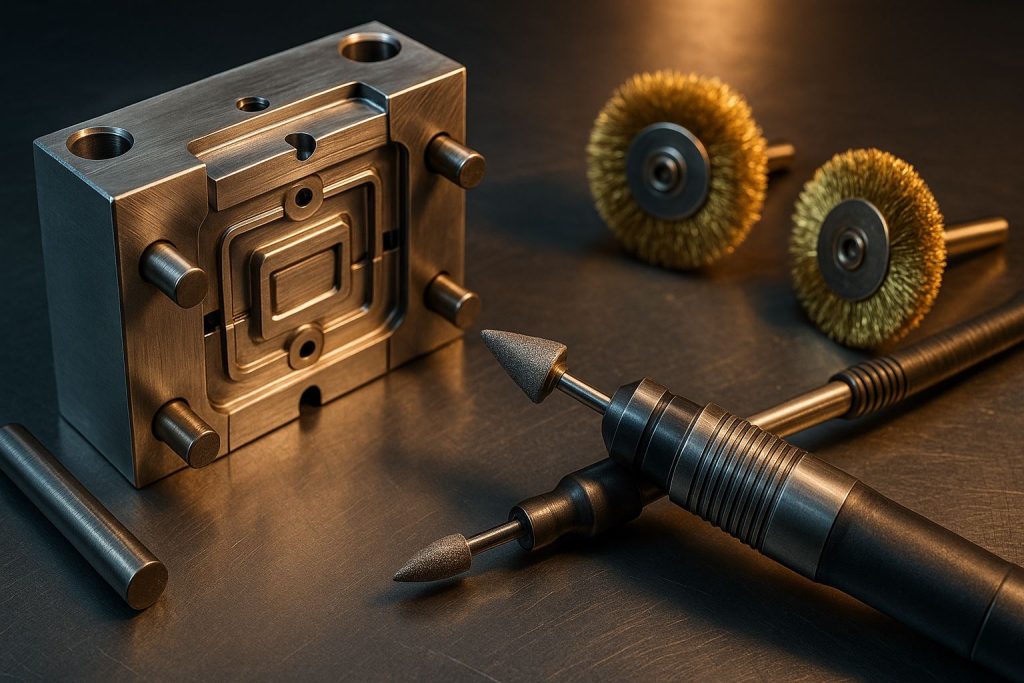 Perawatan mold polishing ejector profesional dengan detail permukaan logam presisi, menampilkan alat pemoles, pin ejector, dan mold baja industri dengan pencahayaan lembut dan warna metalik hangat.