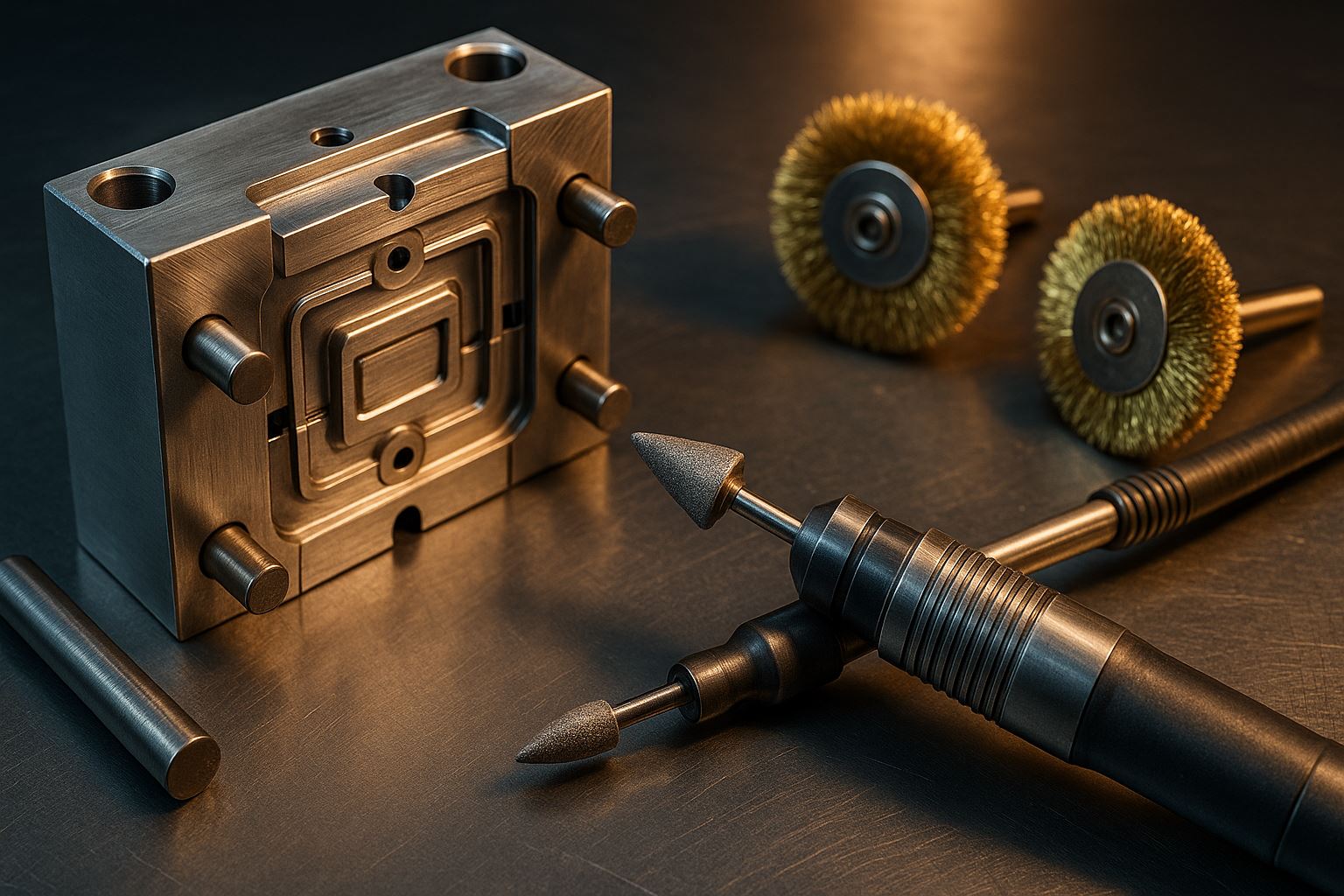 Perawatan mold polishing ejector profesional dengan detail permukaan logam presisi, menampilkan alat pemoles, pin ejector, dan mold baja industri dengan pencahayaan lembut dan warna metalik hangat.