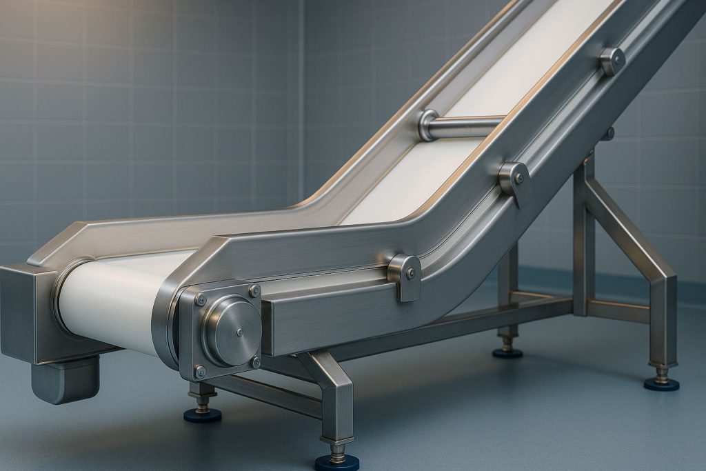 Foto realistis conveyor higienis berbahan stainless steel di fasilitas pangan dengan desain higienik modern, menonjolkan permukaan halus bebas celah untuk menghindari kontaminasi, menekankan konsep desain conveyor higienis pangan.