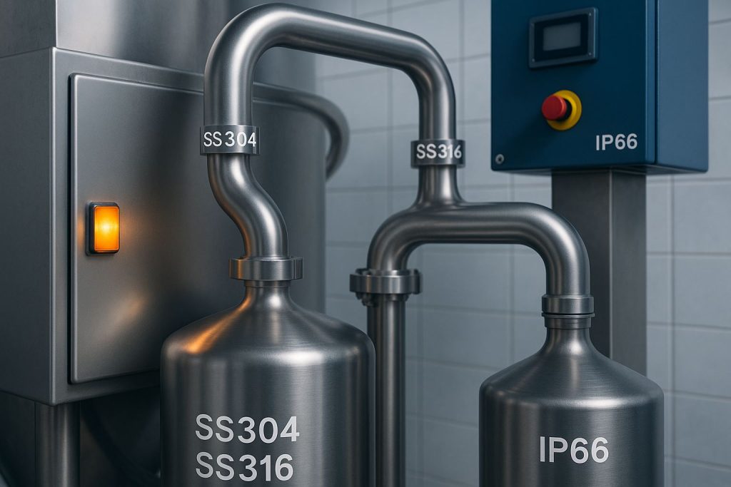 Stainless steel SS304 and SS316 industrial piping with IP66 control panel in a clean food-processing environment, illustrating HACCP and GMP compliance.