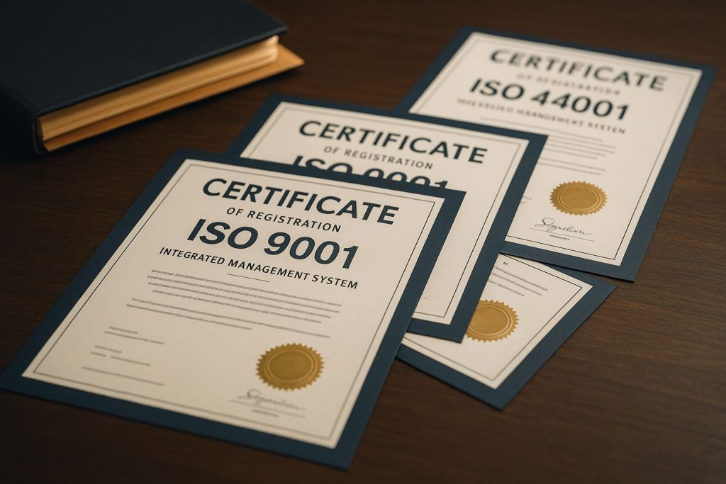 Dokumen sertifikasi ISO 9001, ISO 14001, dan ISO 45001 disusun rapi di meja kerja kayu, menggambarkan konsep integrasi ims iso 9001 yang profesional dan terstruktur.