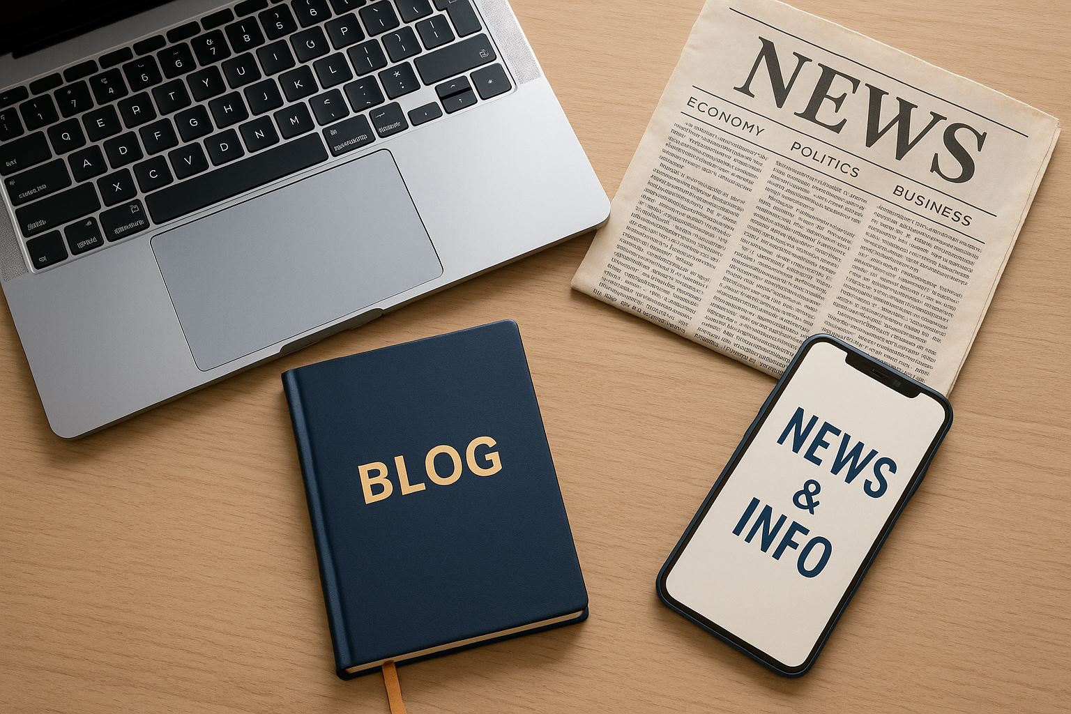 Ruang kerja modern dengan laptop, koran, dan smartphone di atas meja kayu terang; menggambarkan pusat blog, berita, dan informasi profesional perusahaan manufaktur.