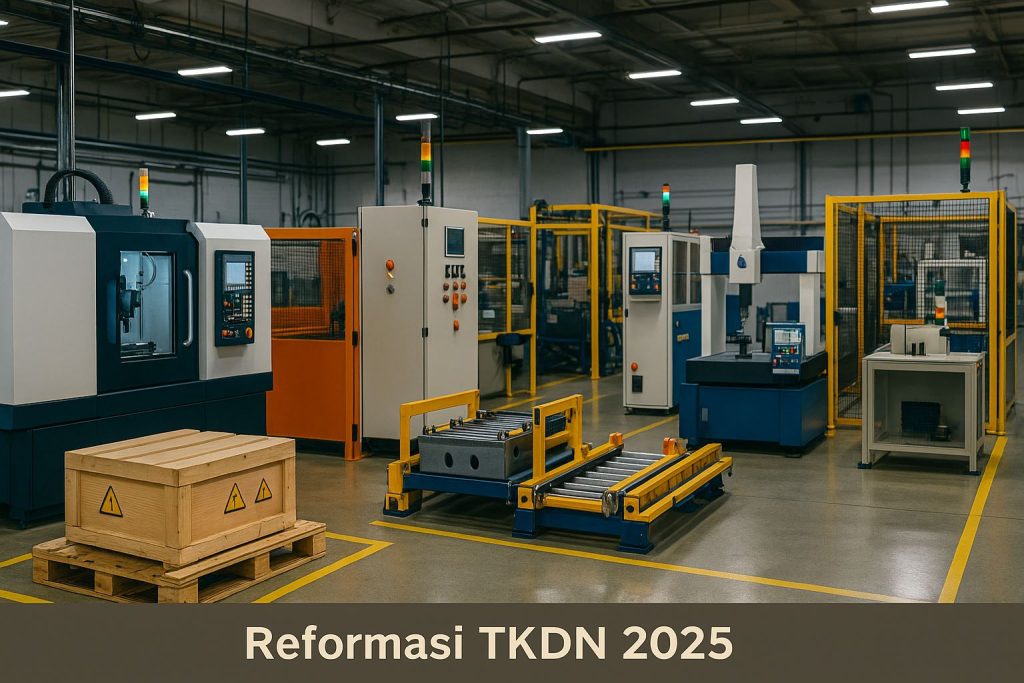 Reformasi TKDN 2025 Permenperin. Visual pabrik tanpa manusia. Mesin CNC, CMM, dan jalur conveyor menggambarkan kesiapan pemasok Jawa Barat. Aksen warna #d0b364 dan #0a203b lembut, pencahayaan soft.