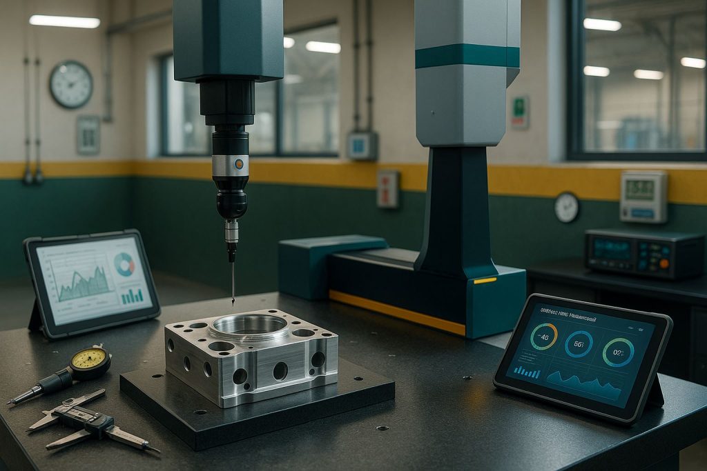 Amandemen ISO 9001 2024 diilustrasikan pada QA shopfloor: CMM memeriksa komponen, sensor lingkungan aktif, nuansa #d0b364 dan #0a203b.