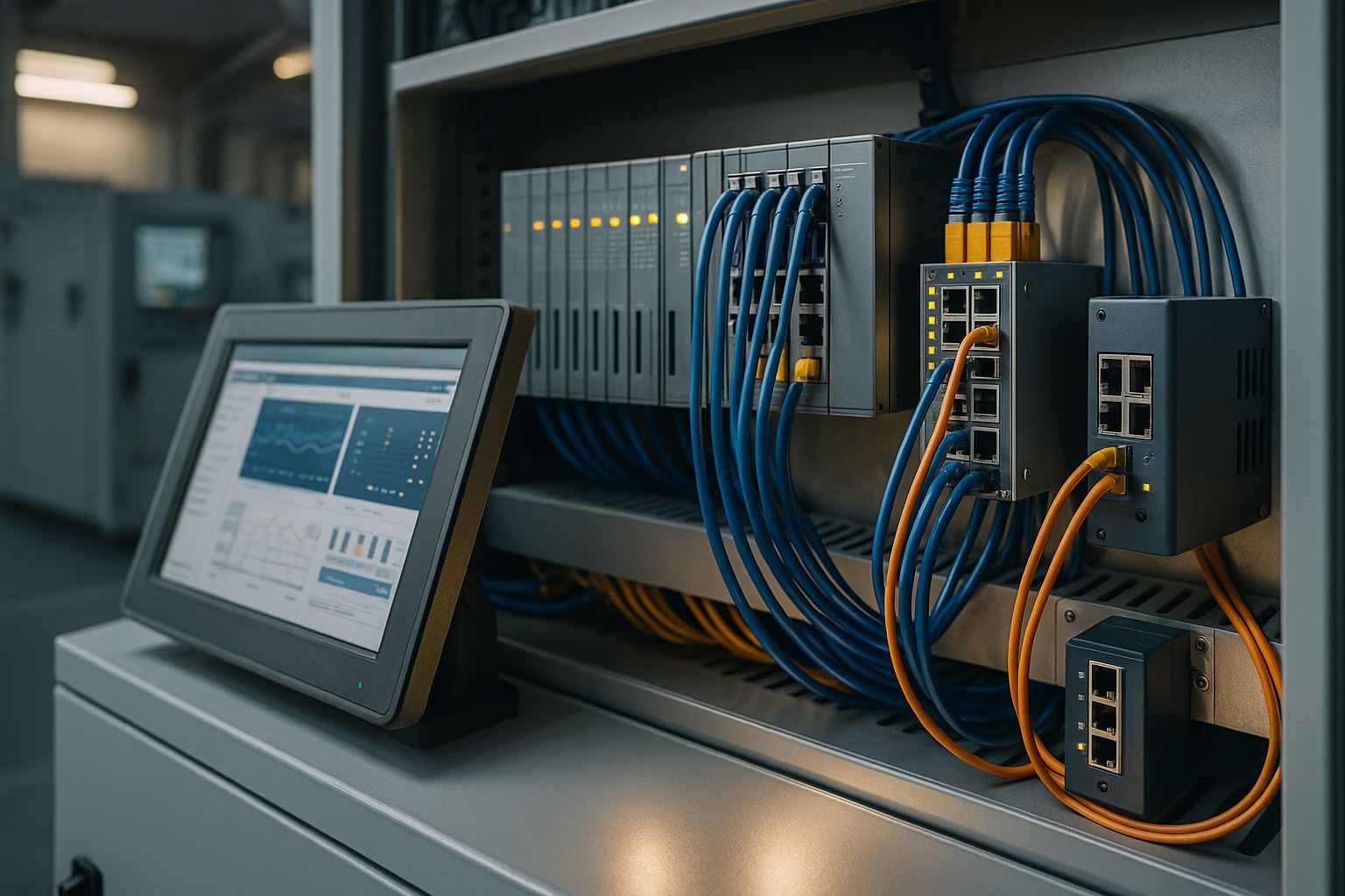 Visualisasi ultra-realistis kabinet kontrol industri dengan PLC, HMI, switch TSN, dan gateway OPC UA–MQTT; menggambarkan konektivitas opc ua tsn mqtt.