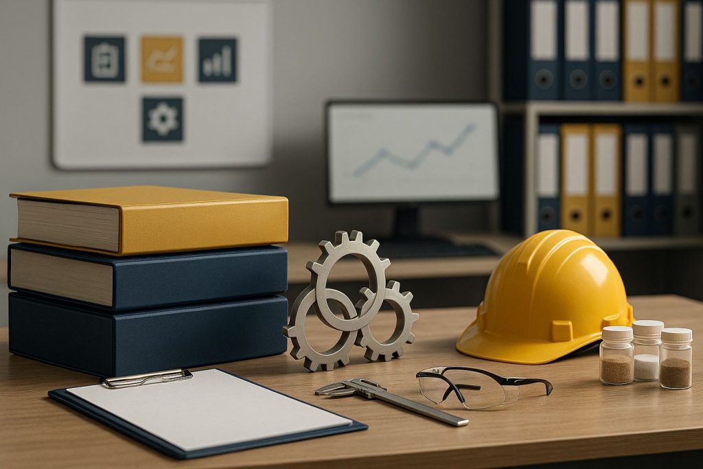 Visual integrasi IMS ISO 9001 di ruang audit QHSE yang tertata rapi, binder navy–gold, perangkat inspeksi, dan simbol mekanis tanpa kehadiran manusia.
