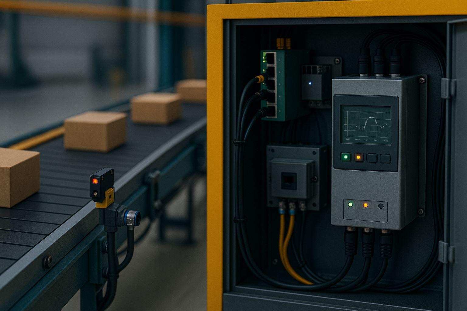 Visual ultra-realistis sensor VFD conveyor IIoT Close-up panel VFD, sensor fotoelektrik, gateway IIoT Konveyor pabrik tanpa manusia, soft lighting warna navy–emas Menegaskan tema sensor VFD conveyor IIoT yang efisien