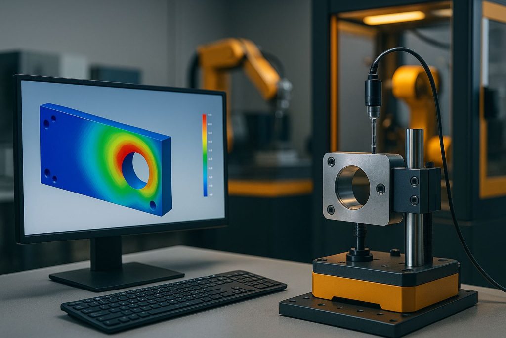 Validasi desain CAE simulasi di laboratorium: perbandingan hasil FEA dan uji fisik pada komponen presisi, soft lighting, tanpa manusia.