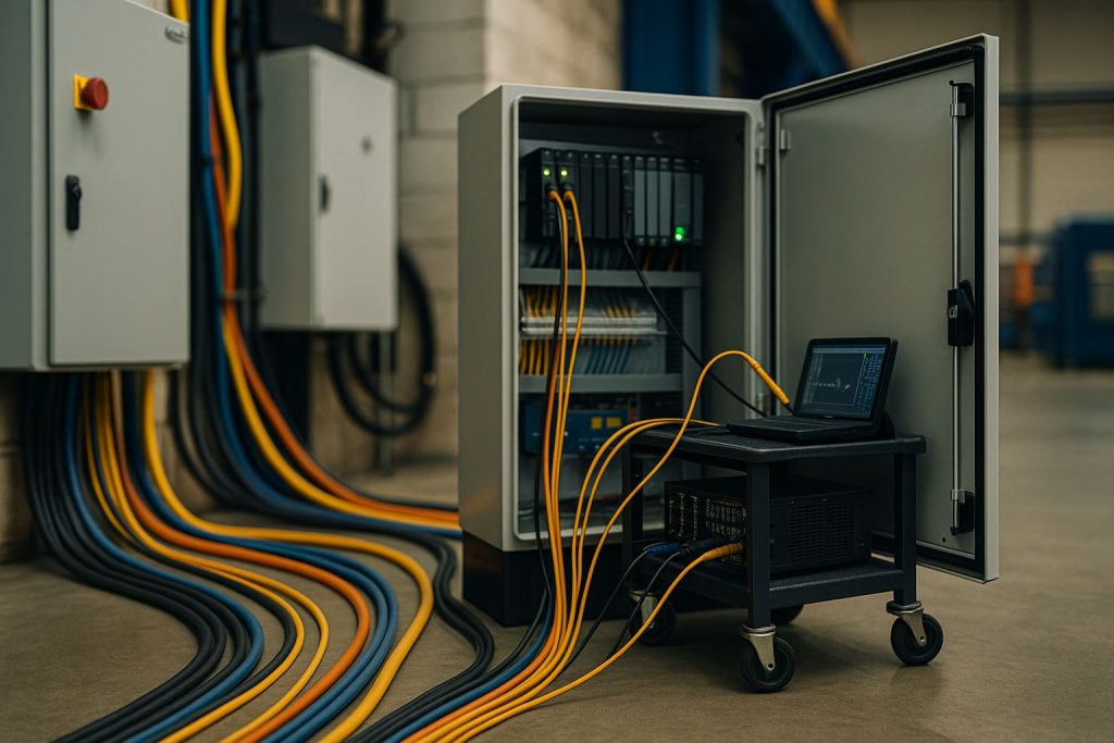Checklist FAT SAT commissioning di akhir tahun, panel kontrol terbuka dengan kabel uji teratur, soft lighting, tanpa manusia, aksen #d0b364 dan #0a203b.