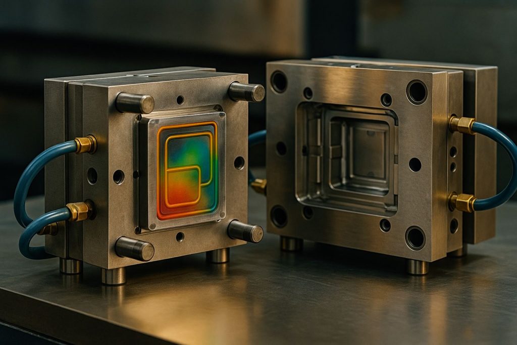 Moldflow cooling channel warpage untuk dinding tipis, visual close-up cetakan terbuka dengan jalur pendingin dan simulasi suhu, gaya foto realistis tanpa teks.