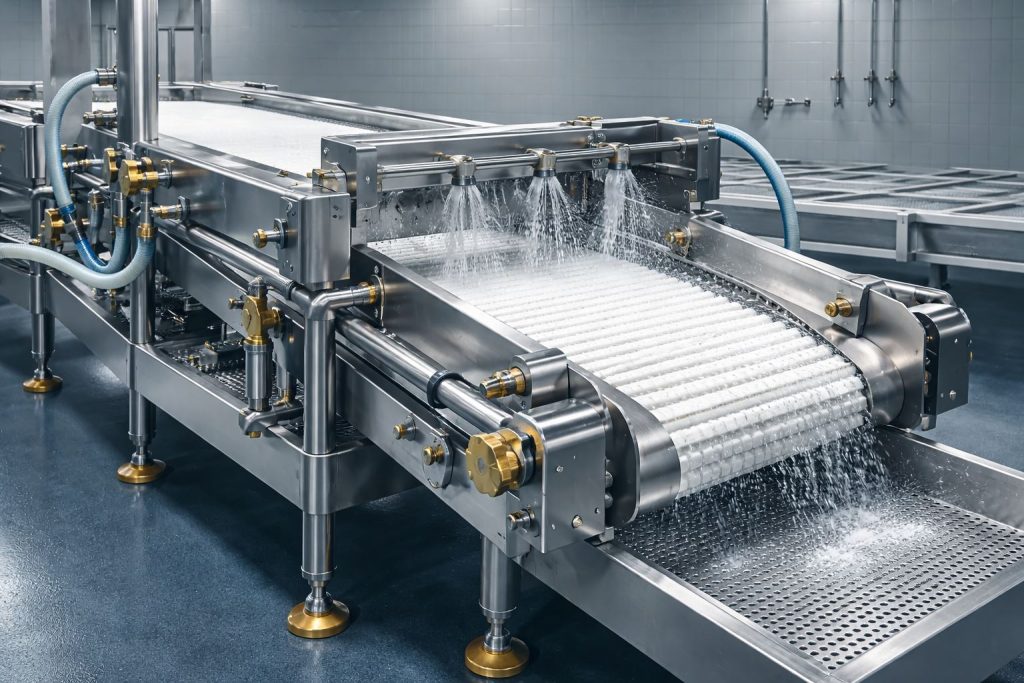 Desain conveyor higienis CIP pada lini produksi makanan dengan sistem pembersihan terintegrasi untuk mencegah kontaminasi