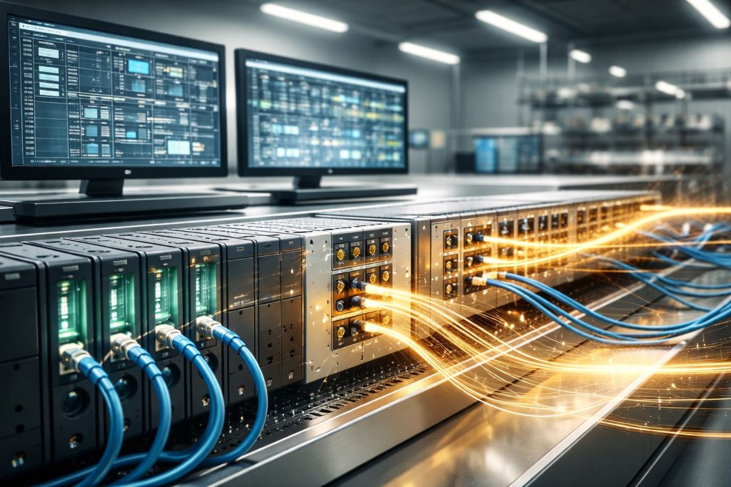 Ilustrasi integrasi opc ua tsn industri pada sistem PLC dan SCADA di lingkungan pabrik modern