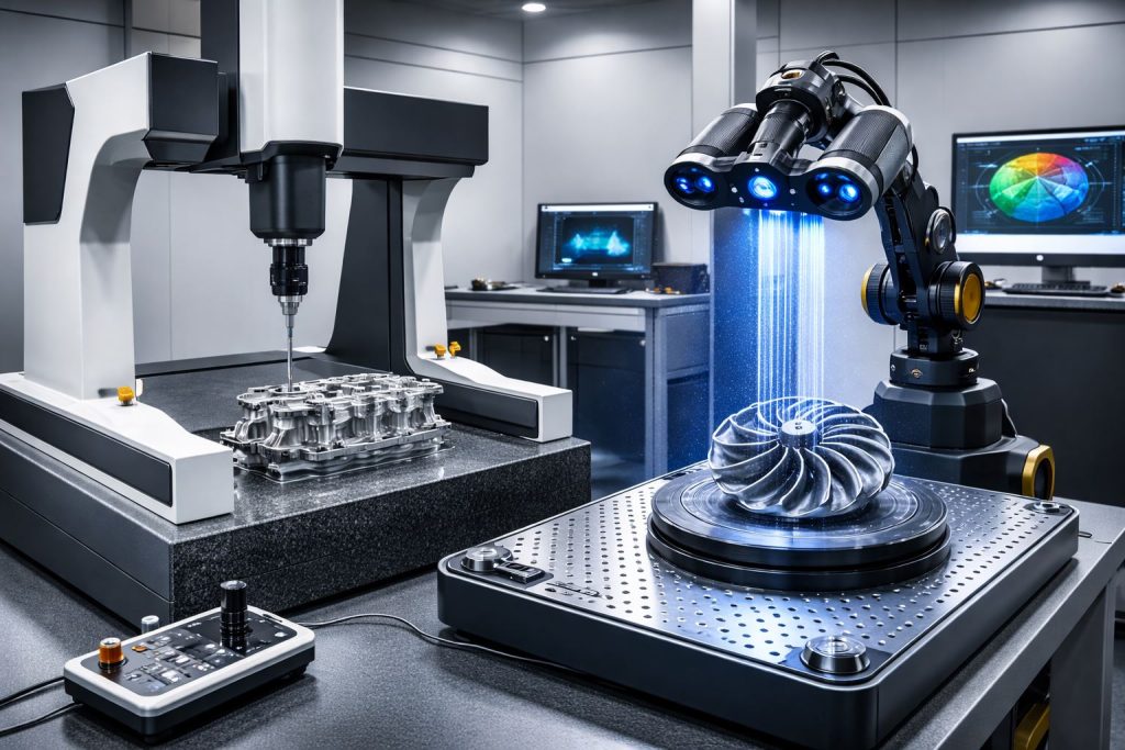 Smart metrology CMM 2026 menampilkan inspeksi part presisi menggunakan CMM dan 3D scanning dalam lingkungan manufaktur modern