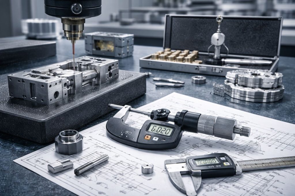 Inspeksi presisi komponen machining dengan toleransi 0.02 mm untuk analisis biaya dan kualitas produksi