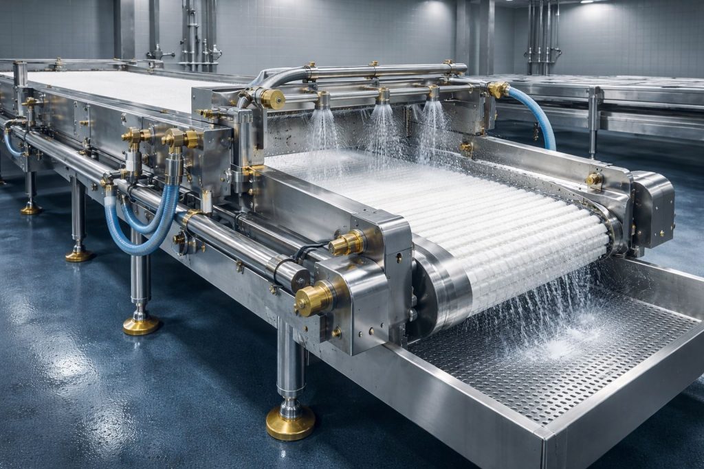 Desain conveyor higienis CIP pada peralatan food processing dengan sistem pembersihan terintegrasi untuk mencegah kontaminasi