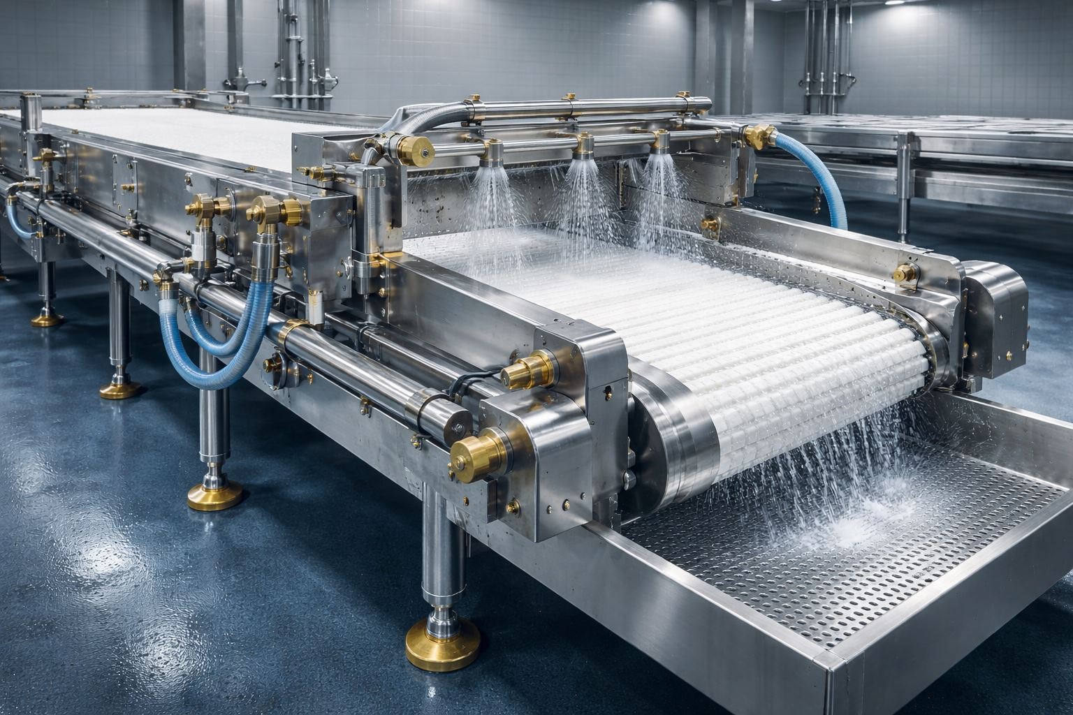 Desain conveyor higienis CIP pada peralatan food processing dengan sistem pembersihan terintegrasi untuk mencegah kontaminasi