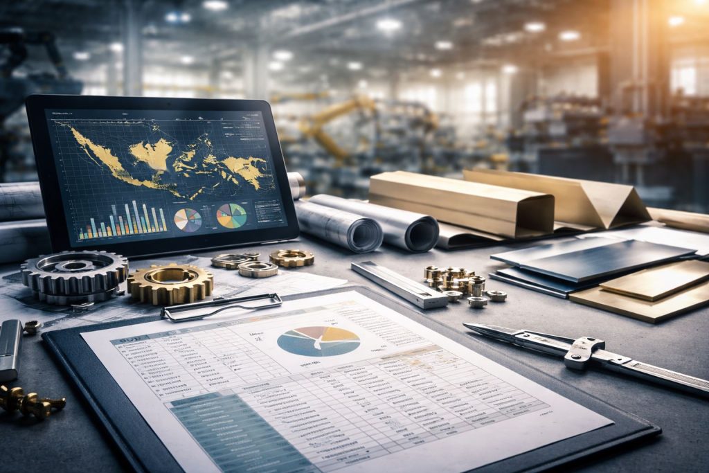 Ilustrasi strategi sourcing TKDN BOM 2025/2026: komponen machining dan fabrikasi, dokumen BOM, serta blueprint teknis untuk menghitung ulang sourcing material sesuai perubahan sertifikasi TKDN.