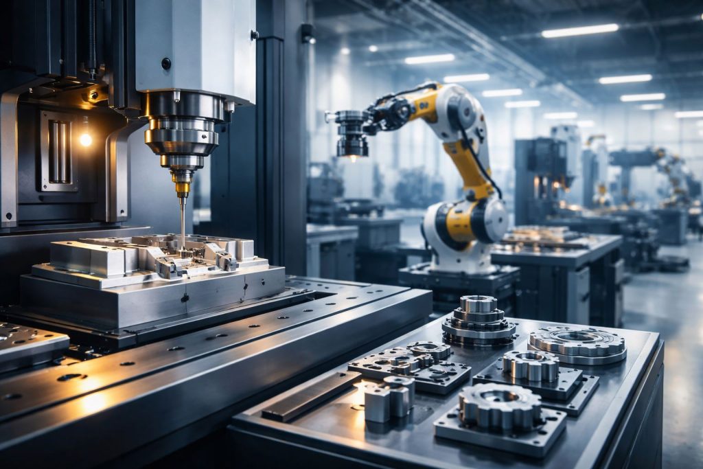 Pabrik industri manufaktur Jawa Barat 2026 dengan mesin CNC presisi, komponen metal, dan lengan robotik otomatis dalam suasana modern minimalis.