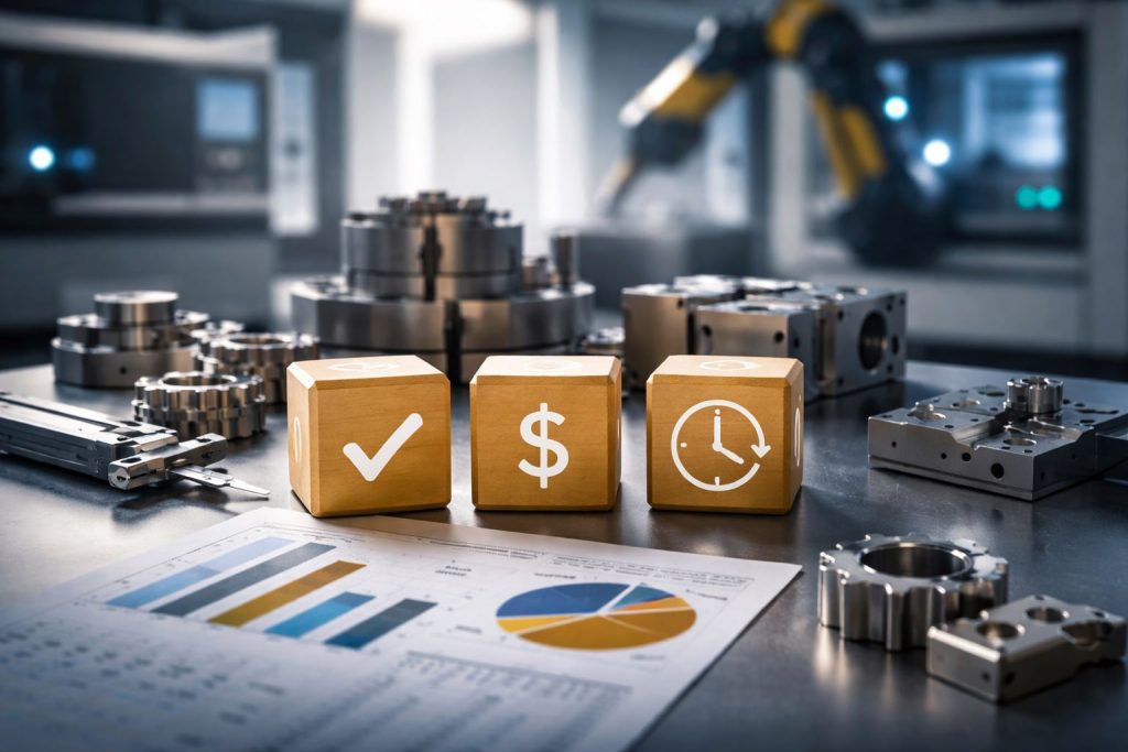 Ultra-realistic foto workstation manufaktur menampilkan komponen CNC, robot arm, dan visual QCD untuk metric quality cost delivery dengan aksen warna #d0b364 dan #0a203b.