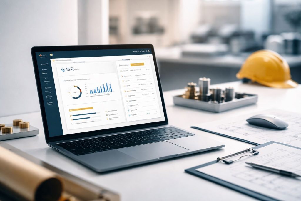 Ilustrasi proses RFQ cepat akurat melalui dashboard e-procurement di laptop, menampilkan perbandingan penawaran supplier untuk mempercepat sourcing dan optimasi biaya.