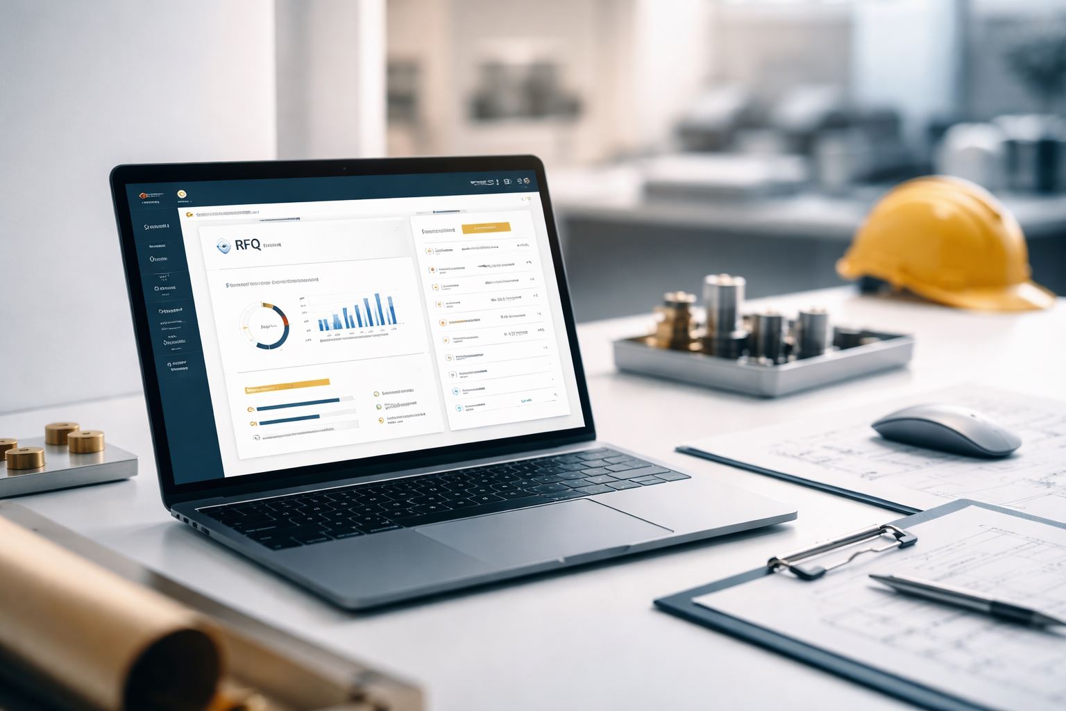 Ilustrasi proses RFQ cepat akurat melalui dashboard e-procurement di laptop, menampilkan perbandingan penawaran supplier untuk mempercepat sourcing dan optimasi biaya.