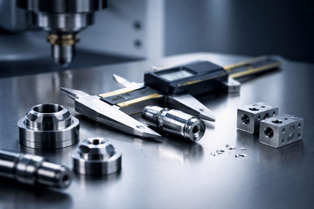 Ilustrasi toleransi machining presisi CNC: pengukuran komponen hasil machining dengan kaliper digital untuk menunjukkan perbedaan toleransi ±0.02 mm vs ±0.05 mm yang memengaruhi fungsi komponen.