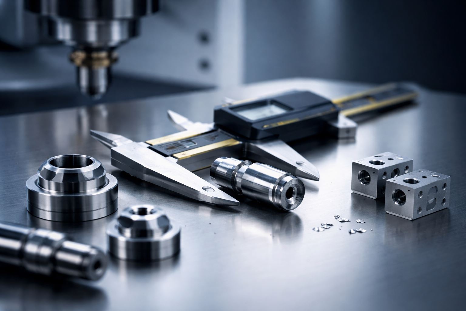 Ilustrasi toleransi machining presisi CNC: pengukuran komponen hasil machining dengan kaliper digital untuk menunjukkan perbedaan toleransi ±0.02 mm vs ±0.05 mm yang memengaruhi fungsi komponen.
