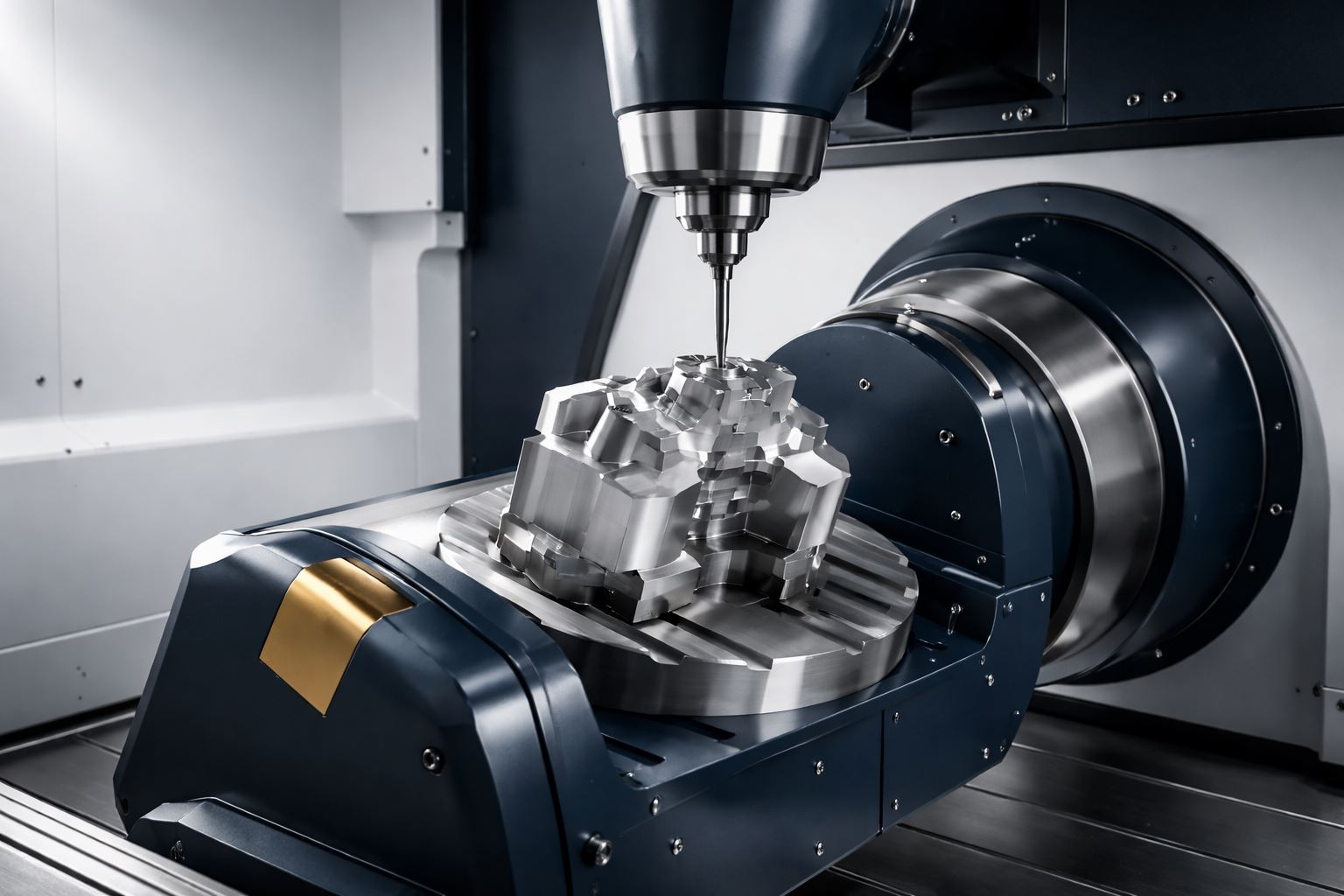 Foto ultra-realistic 5-axis CNC machining yang menunjukkan 5 axis kurangi setup: dari 4–5 kali setup menjadi 1 setup untuk pemesinan presisi.