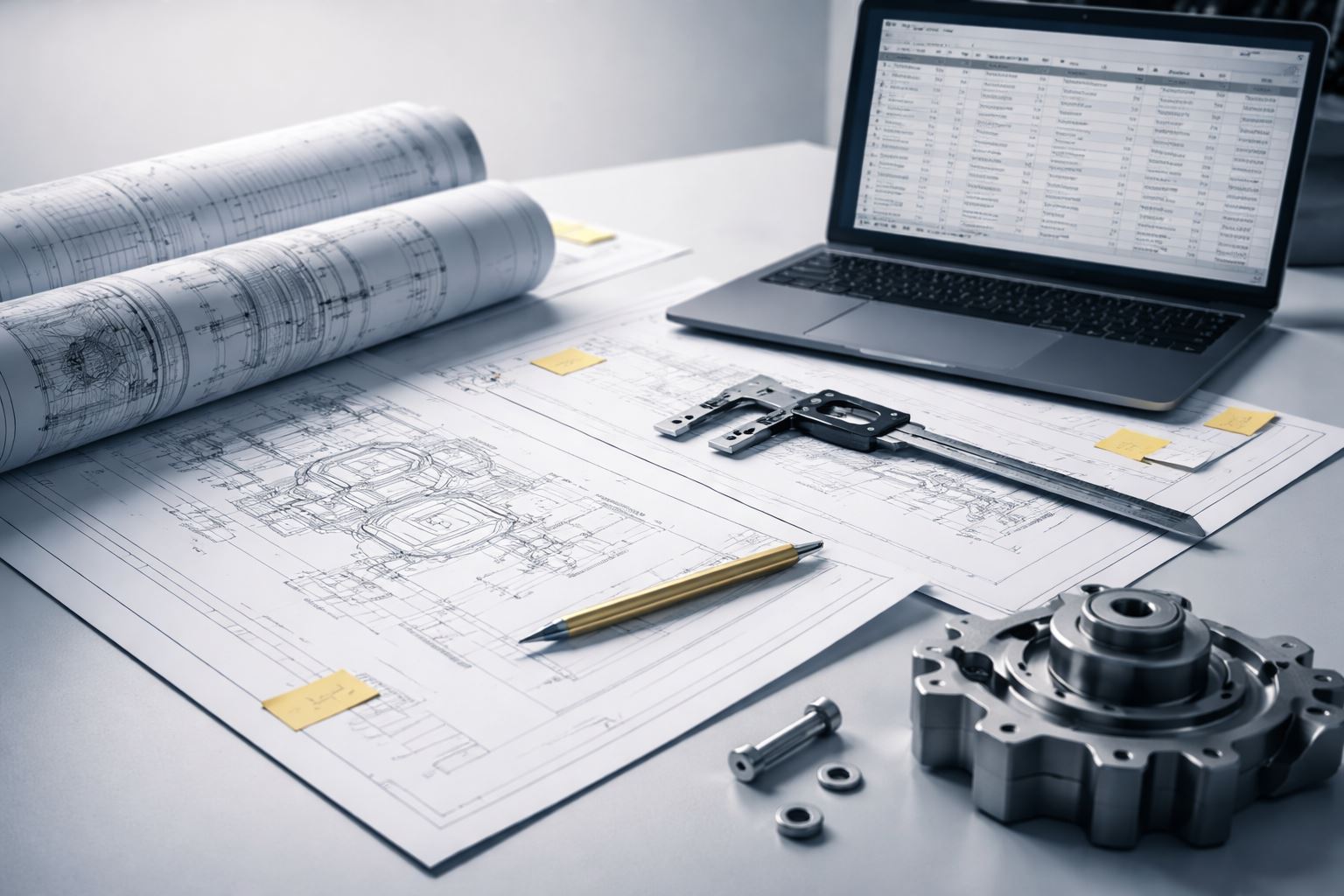 Kontrol revisi BOM drawing di meja engineering: blueprint, laptop BOM, dan komponen presisi untuk mencegah rework dan pembengkakan biaya proyek.