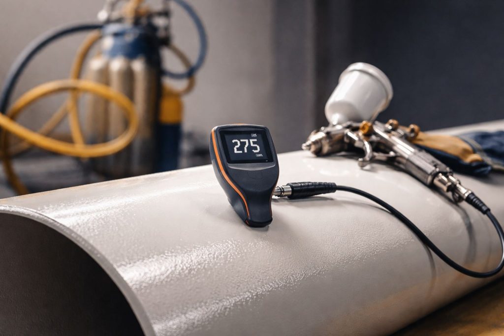 Pengukuran dry film thickness coating pada pipa baja hasil blasting & painting menggunakan alat thickness gauge untuk memastikan ketebalan lapisan proteksi korosi (thick film >250 µm).