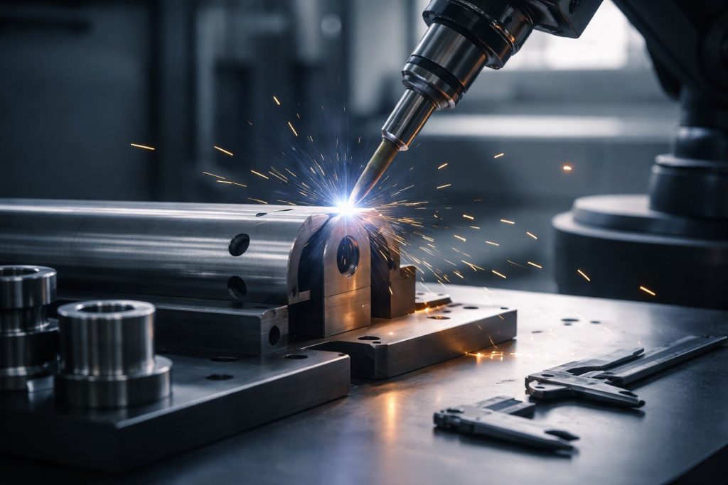 Ilustrasi proses welding presisi di pabrik dengan pendekatan Six Sigma untuk kurangi cacat las six sigma dan menekan biaya kualitas (COPQ).