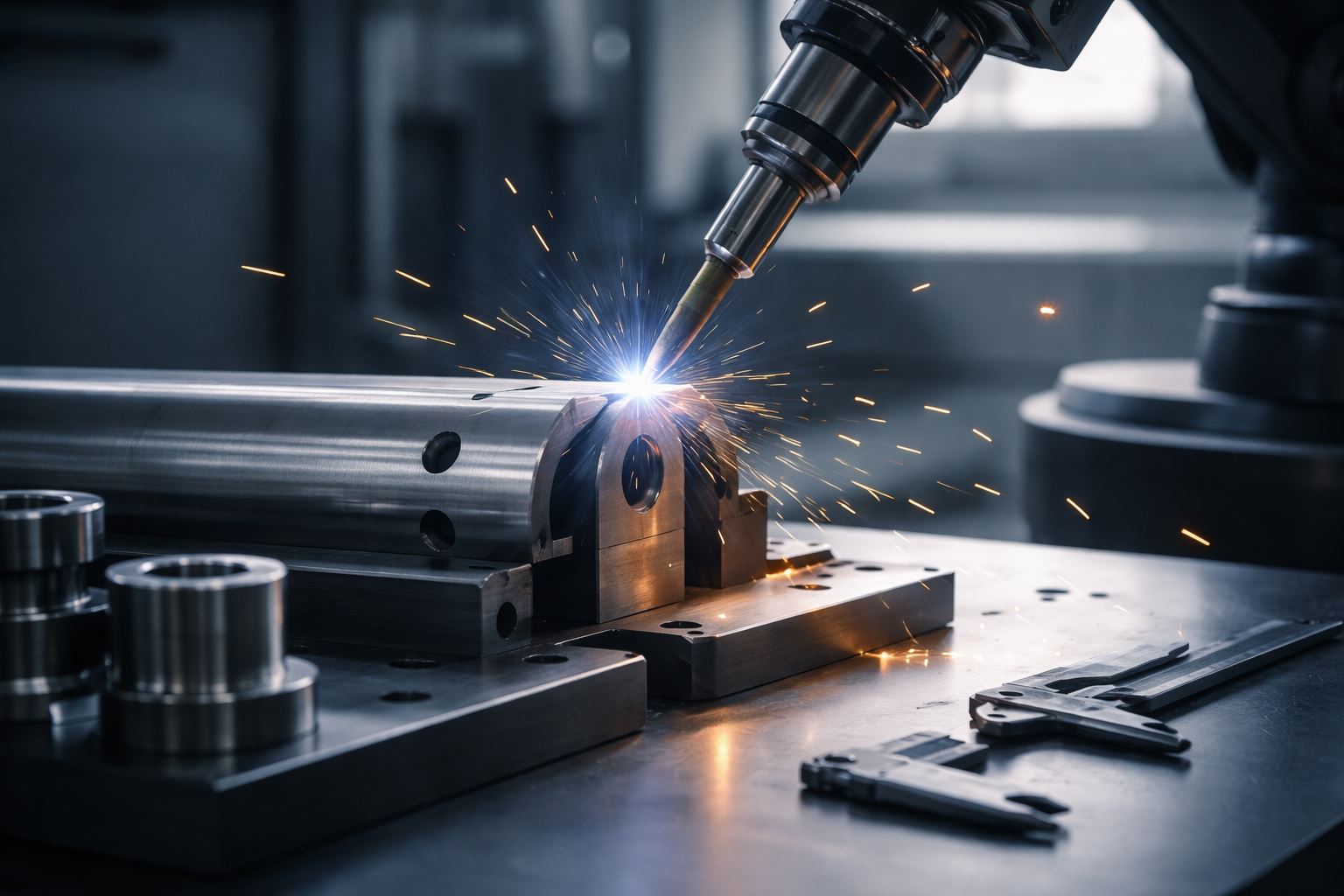 Ilustrasi proses welding presisi di pabrik dengan pendekatan Six Sigma untuk kurangi cacat las six sigma dan menekan biaya kualitas (COPQ).