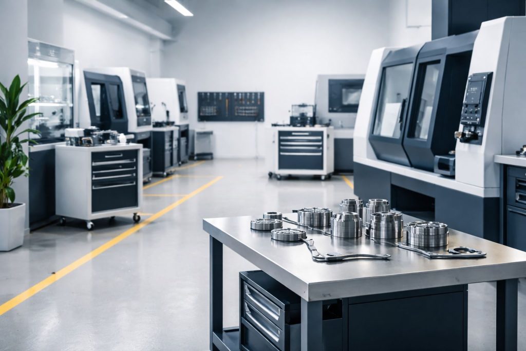 Workshop machining dan automation yang rapi dengan penerapan 5S untuk lead time produksi dipangkas, menampilkan area kerja bersih, tool trolley tertata, dan komponen presisi siap proses.