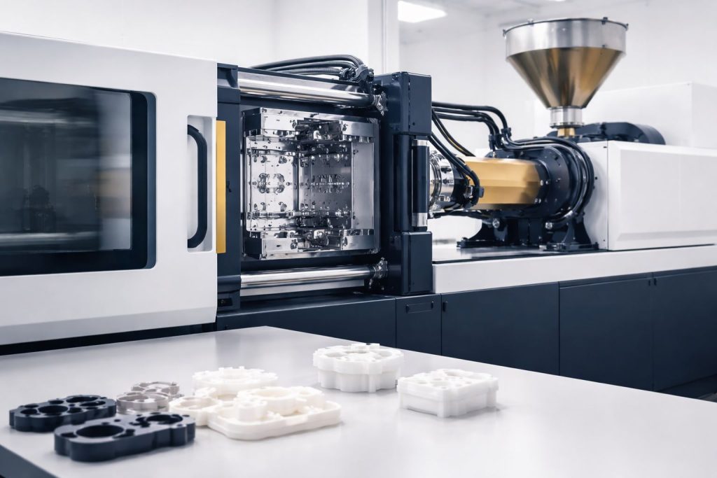 Mesin injection molding modern di pabrik bersih dengan komponen hasil cetak presisi—gambaran kondisi oee injection molding rendah sebelum perbaikan terarah.