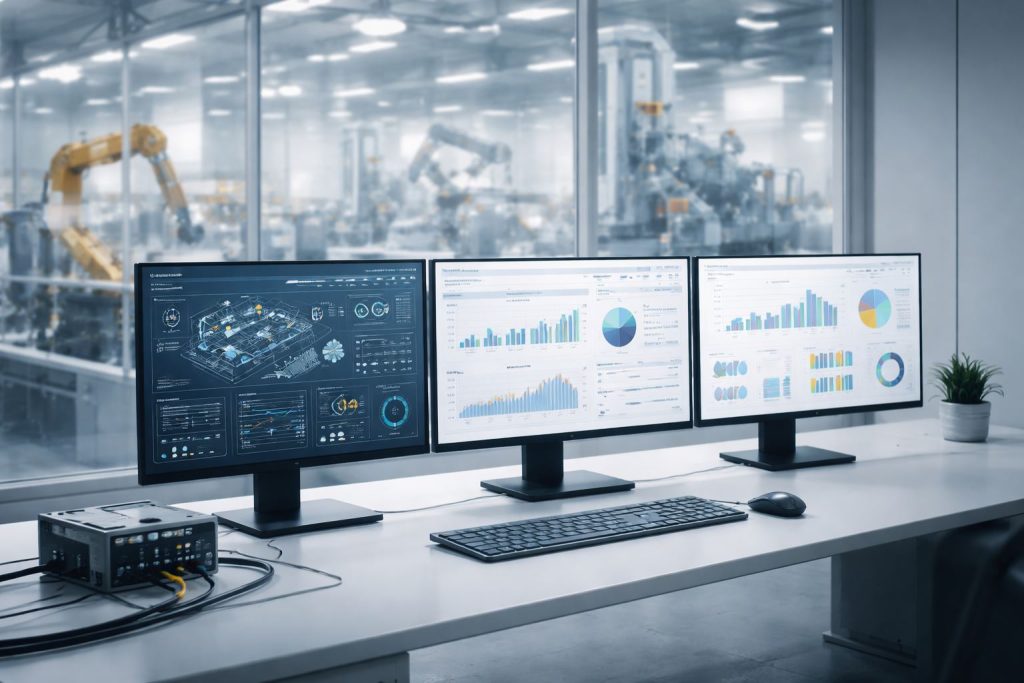 SCADA monitoring turunkan downtime di smart factory: dashboard PLC menampilkan kesehatan mesin dan prediksi kegagalan untuk mencegah unplanned downtime.